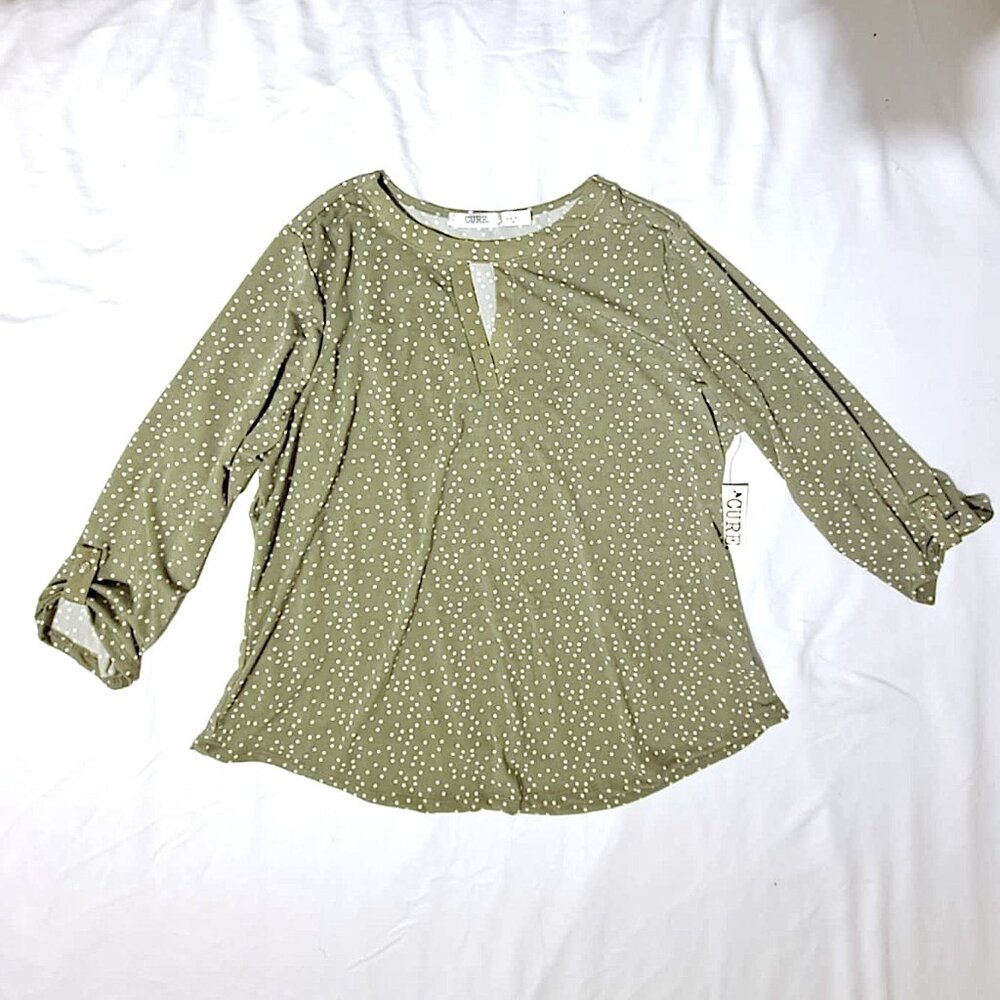 CURE Women’s XL Olive Green White Polka Dot Button Tab Sleeve Top